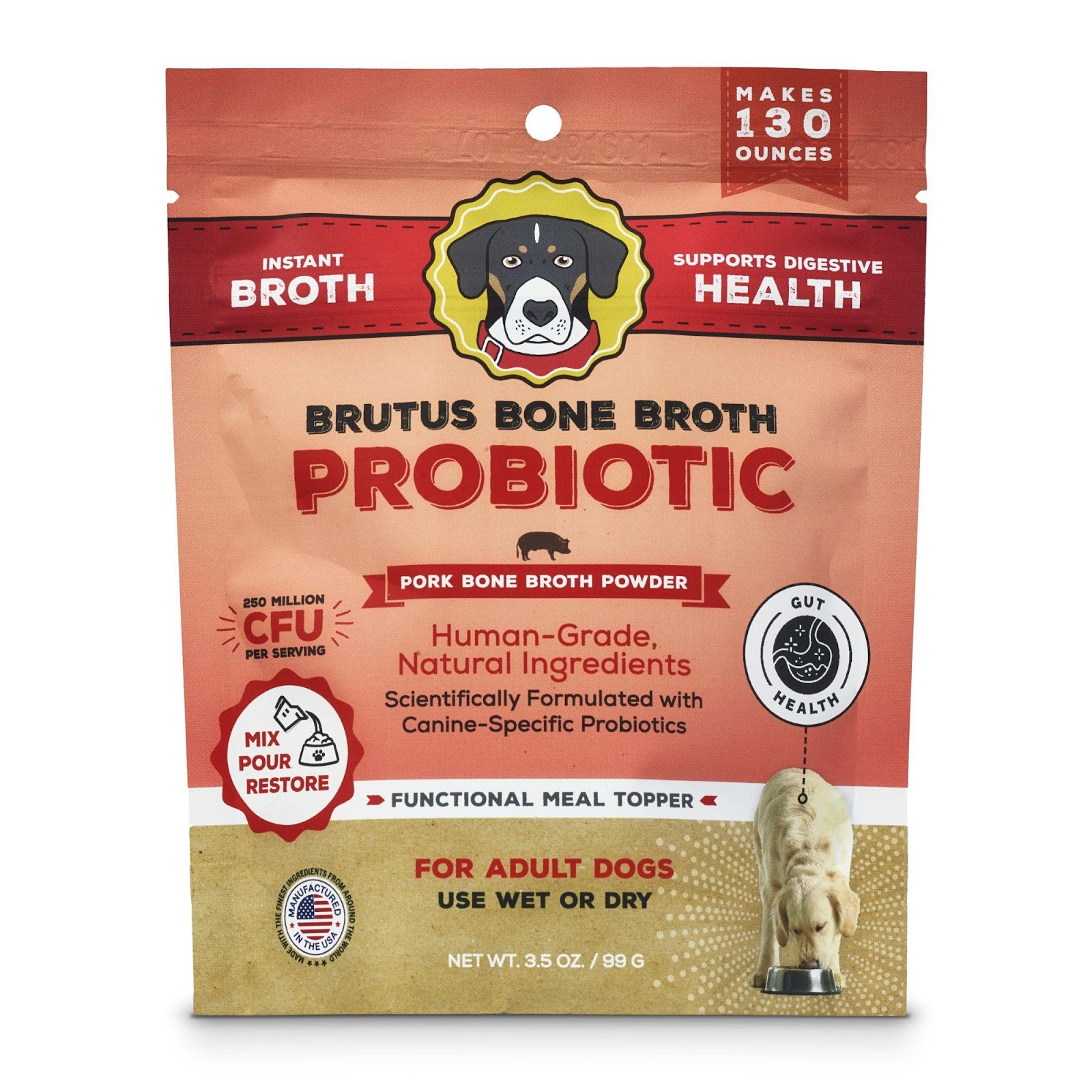BRUTUS BOUN BROTH POBIOOTIC POWTER POWTER με γεύση χοιρινού κρέατος για την υποστήριξη πεπτικής υγείας των ενηλίκων σκύλων.